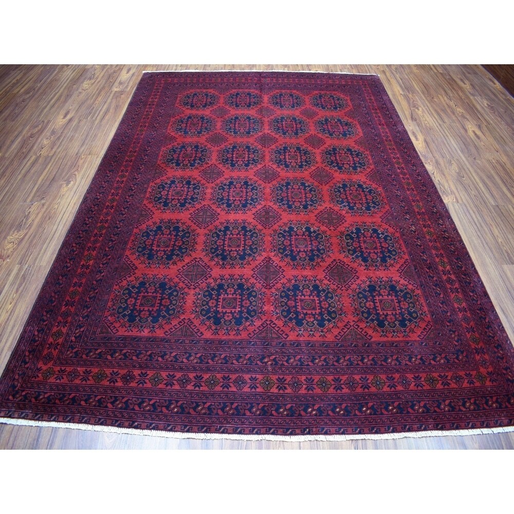 Shahbanu Rugs Red Bokara Design Afghan Andkhoy Pure Wool Hand Knotted Oriental Rug (6'10" x 9'8") - 6'10" x 9'8"