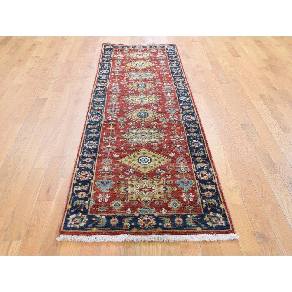Shahbanu Rugs Red Karajeh Design Runner Pure Wool Hand Knotted Oriental Rug (2'6" x 8'0") - 2'6" x 8'0"