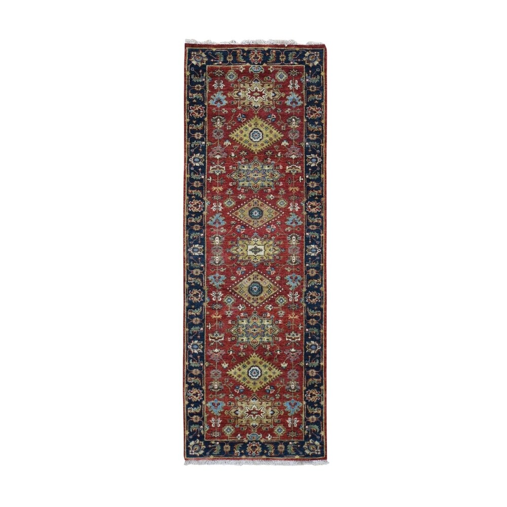 Shahbanu Rugs Red Karajeh Design Runner Pure Wool Hand Knotted Oriental Rug (2'6" x 8'0") - 2'6" x 8'0"