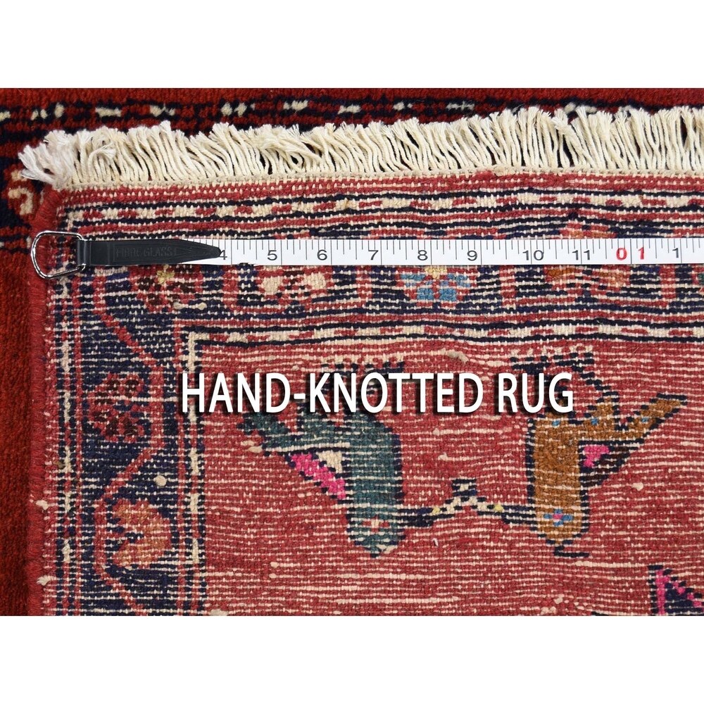 Shahbanu Rugs Red New Persian Hamadan With Birds Hand-Knotted Narrow Runner Rug (2'7" x 9'3") - 2'7" x 9'3"