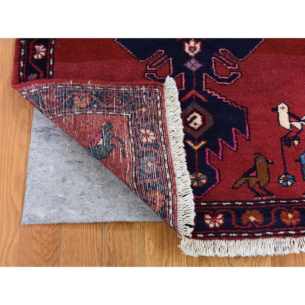 Shahbanu Rugs Red New Persian Hamadan With Birds Hand-Knotted Narrow Runner Rug (2'7" x 9'3") - 2'7" x 9'3"