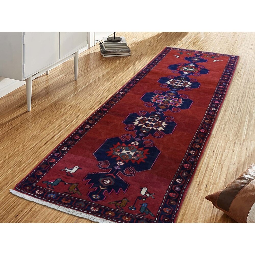 Shahbanu Rugs Red New Persian Hamadan With Birds Hand-Knotted Narrow Runner Rug (2'7" x 9'3") - 2'7" x 9'3"