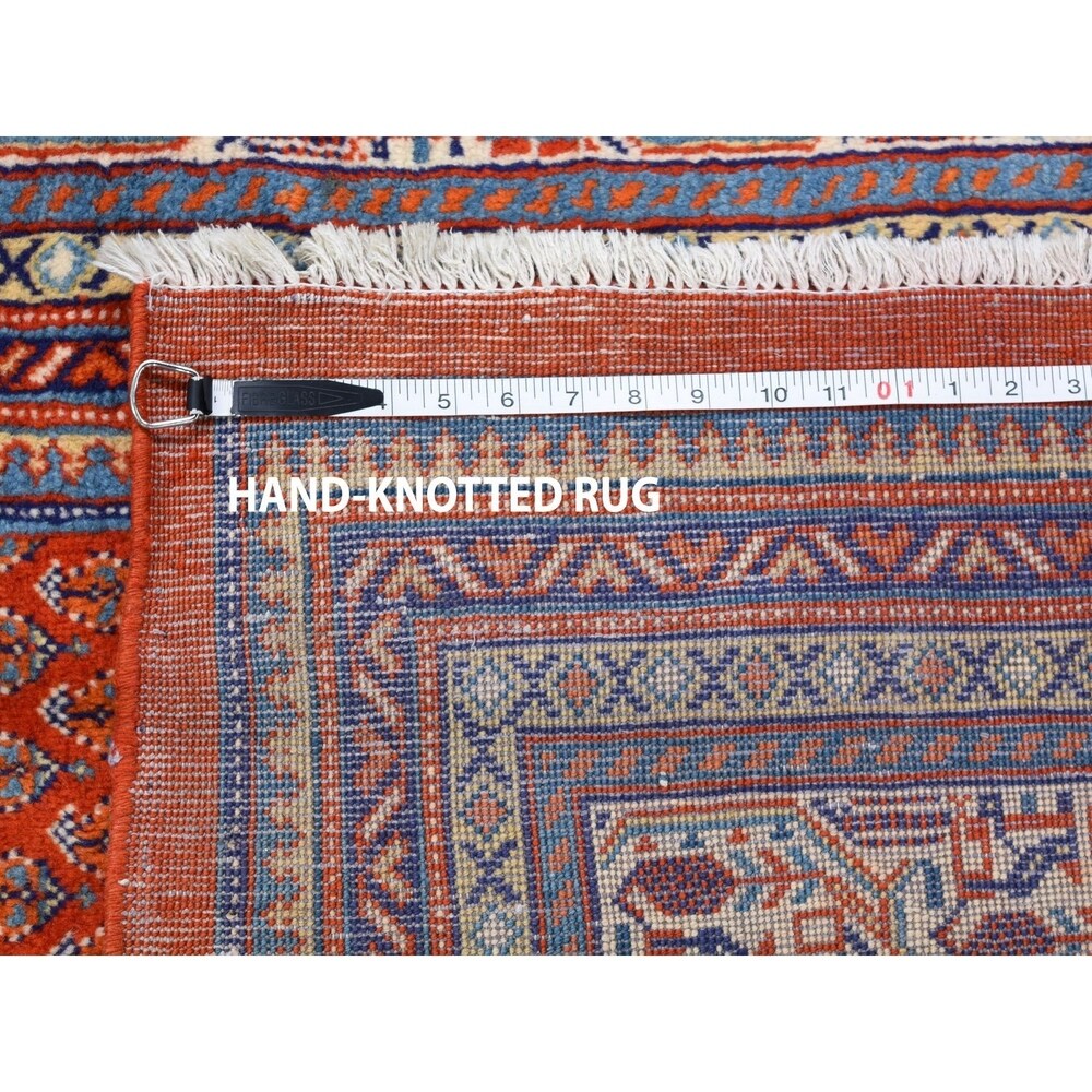 Shahbanu Rugs Red New Persian Sarouk Mir With Diamond Shape Medallion Pure Wool Hand Knotted Rug (7'7" x 11'1") - 7'7" x 11'1"