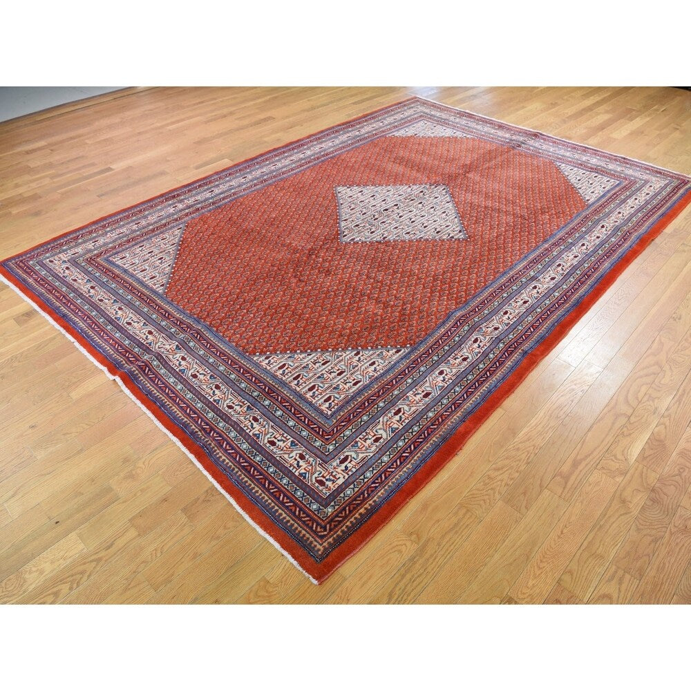 Shahbanu Rugs Red New Persian Sarouk Mir With Diamond Shape Medallion Pure Wool Hand Knotted Rug (7'7" x 11'1") - 7'7" x 11'1"
