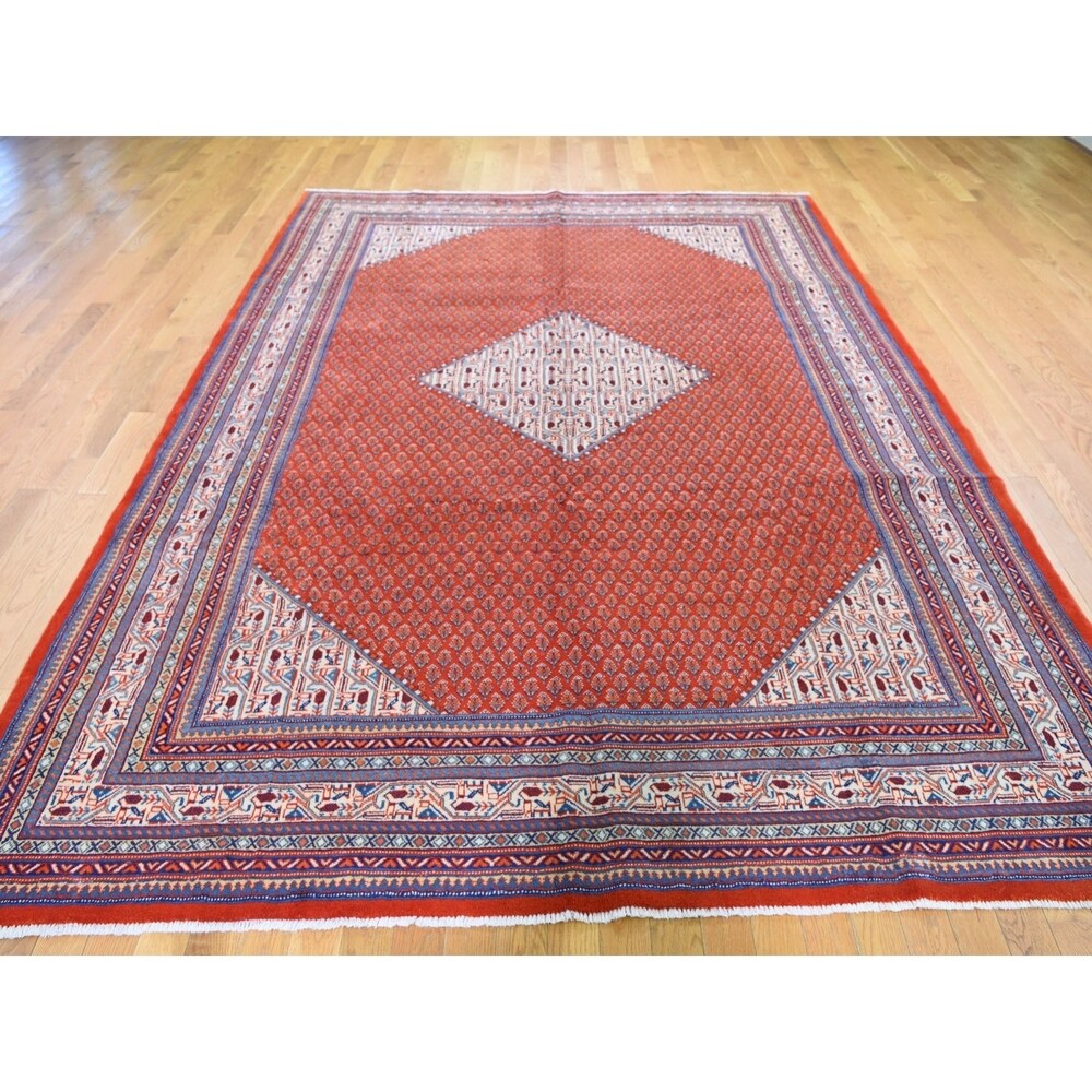 Shahbanu Rugs Red New Persian Sarouk Mir With Diamond Shape Medallion Pure Wool Hand Knotted Rug (7'7" x 11'1") - 7'7" x 11'1"