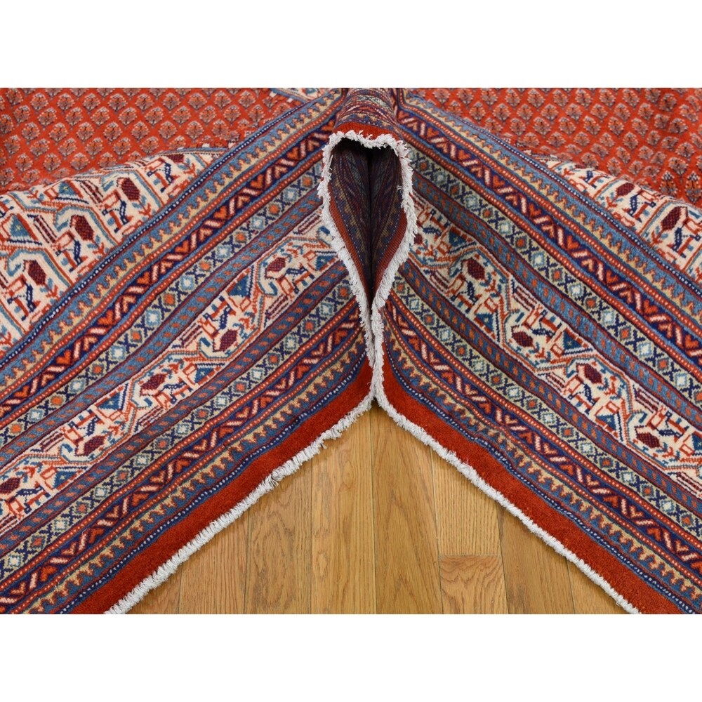 Shahbanu Rugs Red New Persian Sarouk Mir With Diamond Shape Medallion Pure Wool Hand Knotted Rug (7'7" x 11'1") - 7'7" x 11'1"