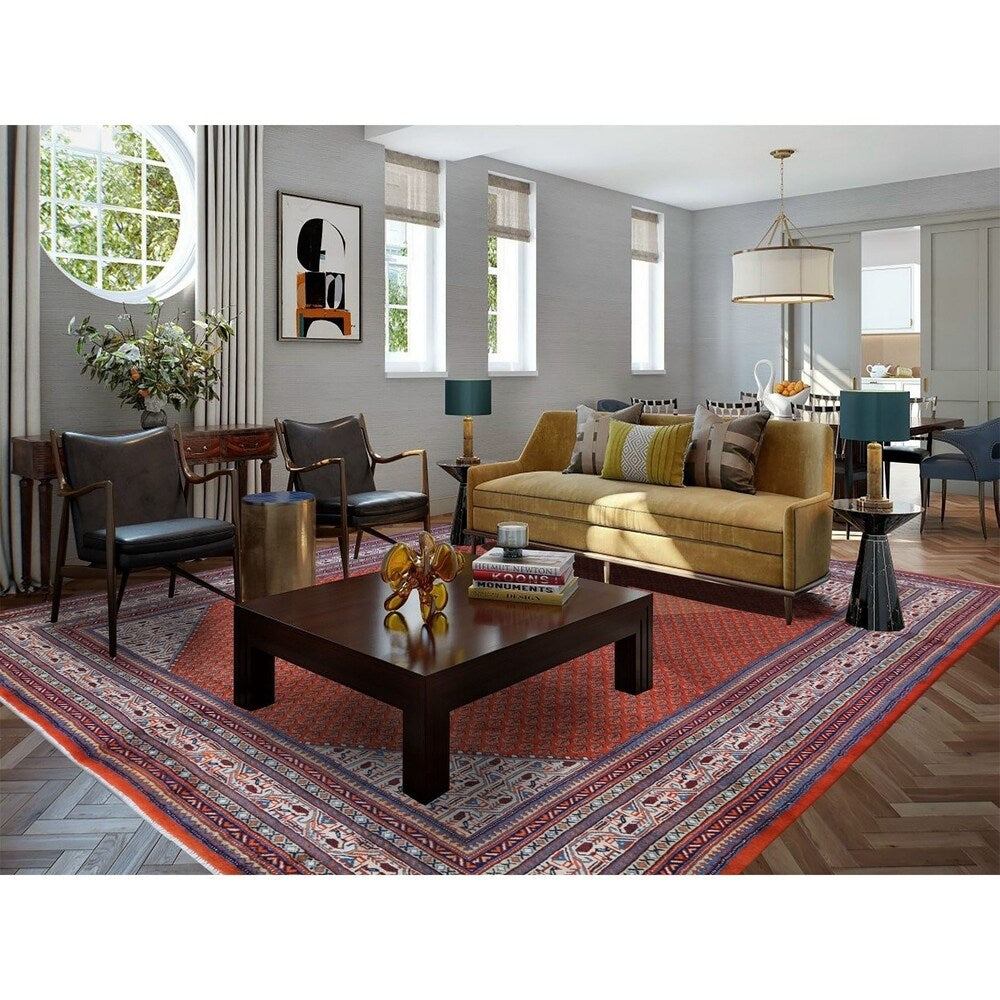 Shahbanu Rugs Red New Persian Sarouk Mir With Diamond Shape Medallion Pure Wool Hand Knotted Rug (7'7" x 11'1") - 7'7" x 11'1"