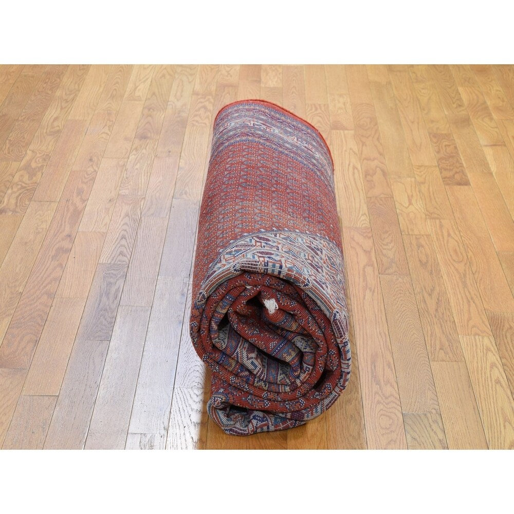 Shahbanu Rugs Red New Persian Sarouk Mir With Diamond Shape Medallion Pure Wool Hand Knotted Rug (7'7" x 11'1") - 7'7" x 11'1"