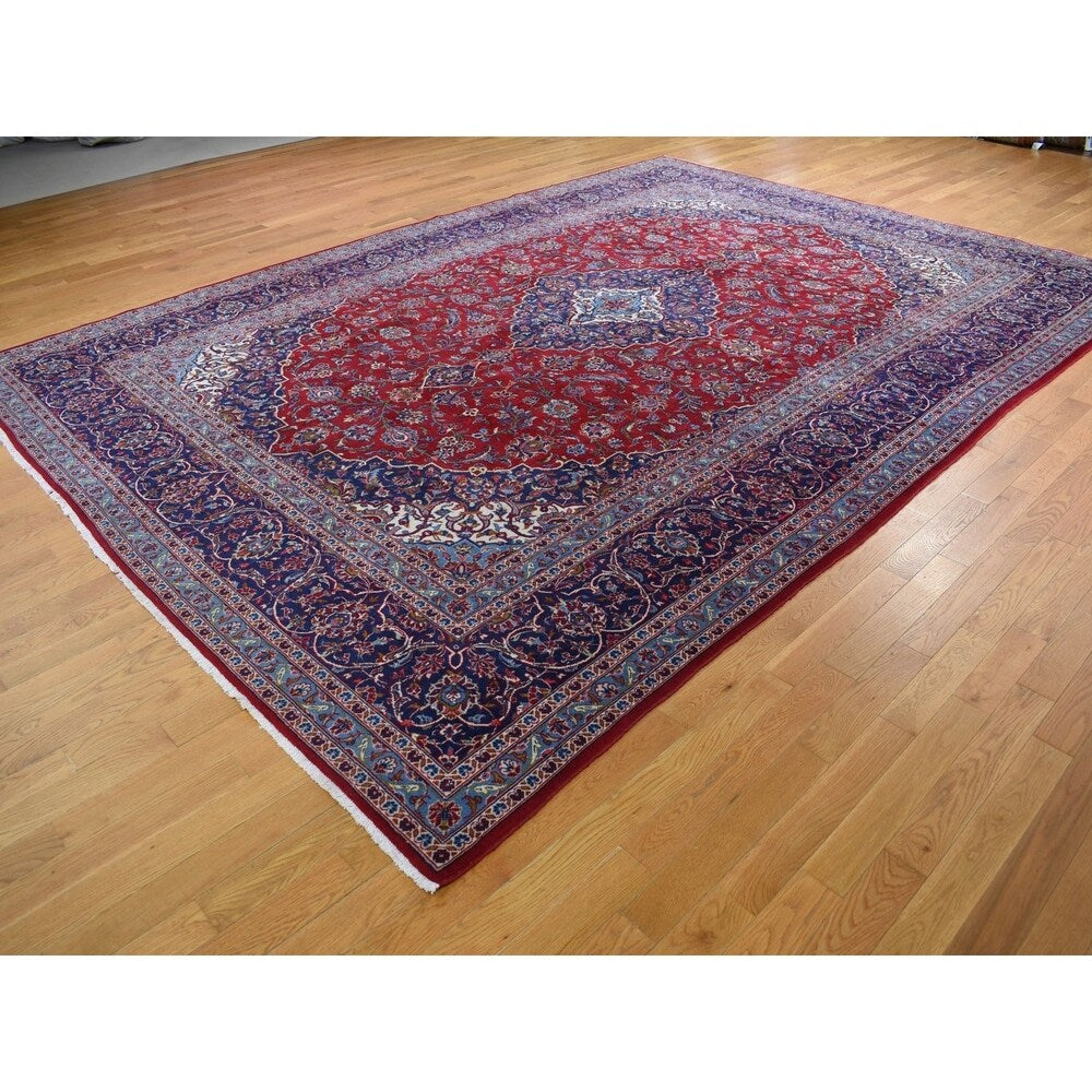 Shahbanu Rugs Red Semi Antique Persian Kashan Full Pile Pure Wool Hand Knotted Oriental Rug (9'8" x 13'6") - 9'8" x 13'6"