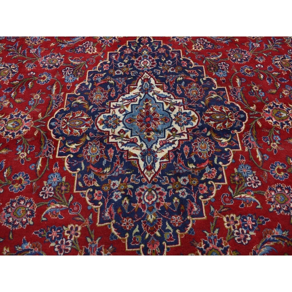 Shahbanu Rugs Red Semi Antique Persian Kashan Full Pile Pure Wool Hand Knotted Oriental Rug (9'8" x 13'6") - 9'8" x 13'6"