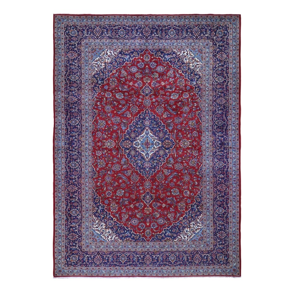 Shahbanu Rugs Red Semi Antique Persian Kashan Full Pile Pure Wool Hand Knotted Oriental Rug (9'8" x 13'6") - 9'8" x 13'6"