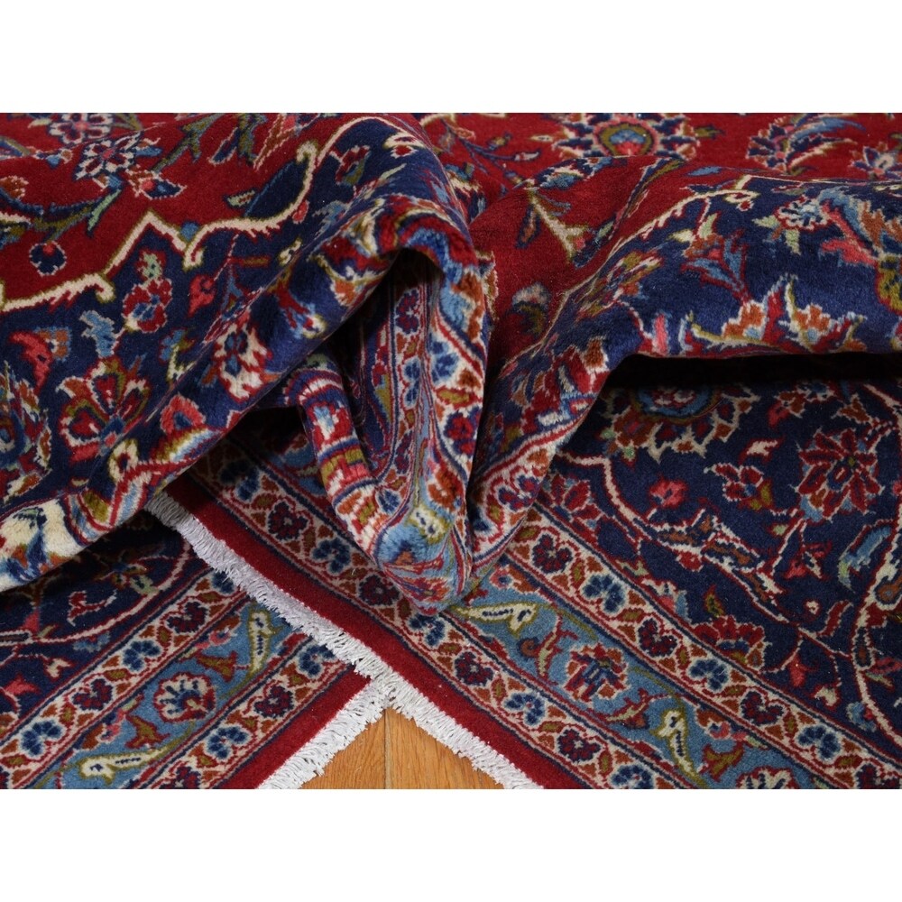 Shahbanu Rugs Red Semi Antique Persian Kashan Full Pile Pure Wool Hand Knotted Oriental Rug (9'8" x 13'6") - 9'8" x 13'6"