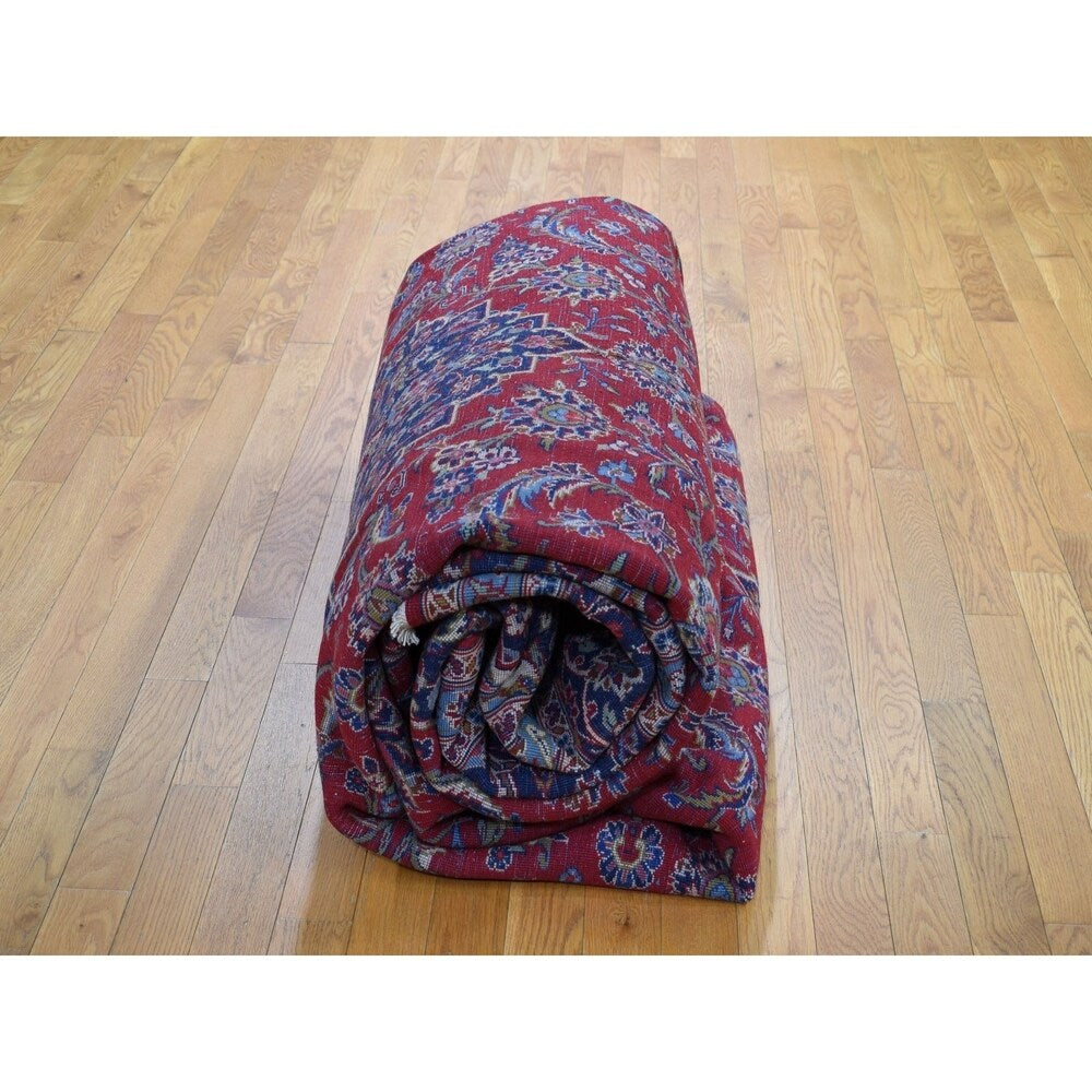 Shahbanu Rugs Red Semi Antique Persian Kashan Full Pile Pure Wool Hand Knotted Oriental Rug (9'8" x 13'6") - 9'8" x 13'6"
