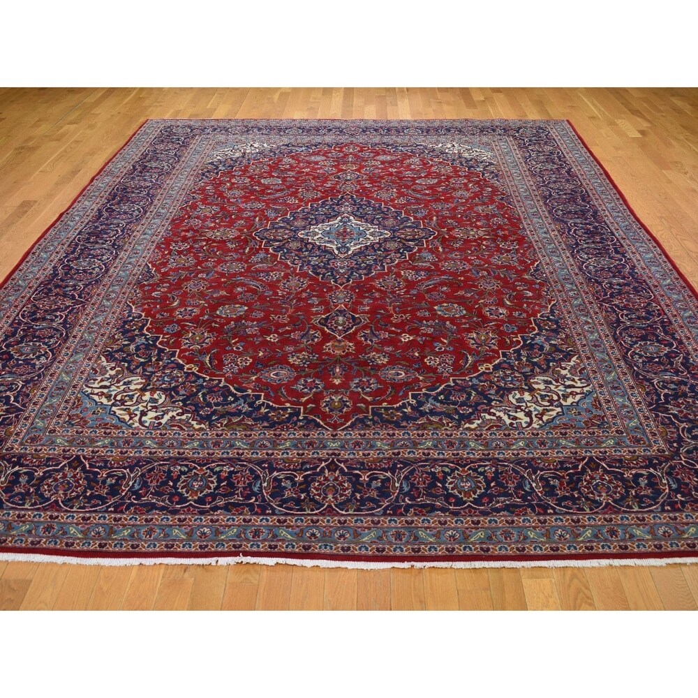 Shahbanu Rugs Red Semi Antique Persian Kashan Full Pile Pure Wool Hand Knotted Oriental Rug (9'8" x 13'6") - 9'8" x 13'6"