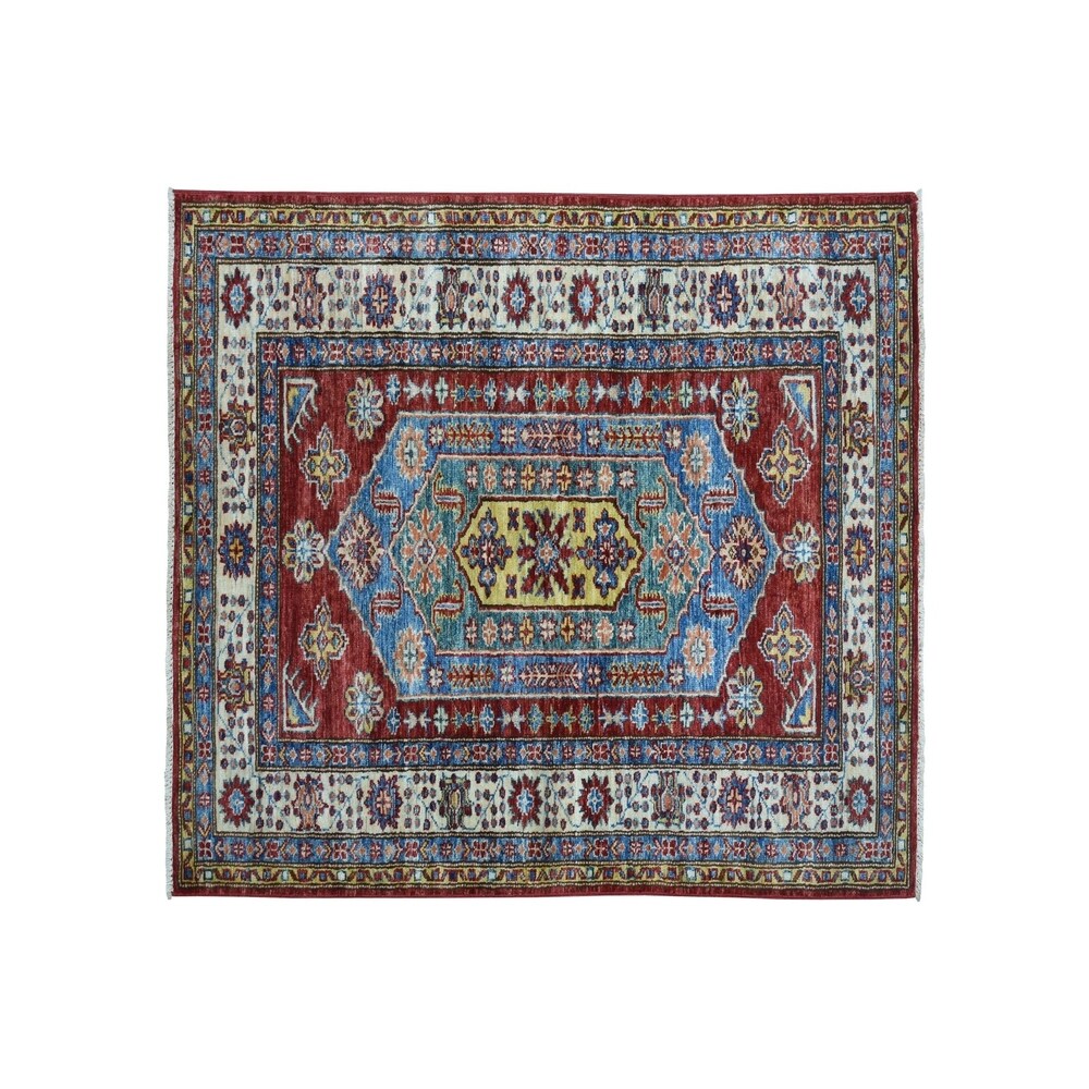 Shahbanu Rugs Red Super Kazak Pure Wool Geometric Design Hand-Knotted Oriental Rug (3'3" x 5'0") - 3'3" x 5'0"