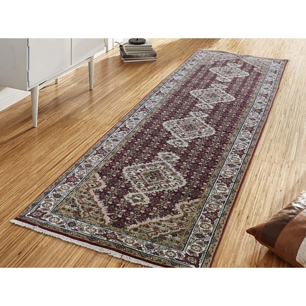 Shahbanu Rugs Red Tabriz Mahi Wool and Silk Hand-Knotted Oriental Runner Rug (2'7" x 10'0") - 2'7" x 10'0"