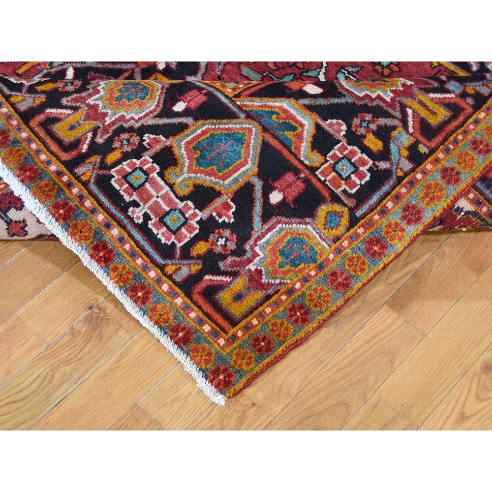 Shahbanu Rugs Red,Vintage Persian Heriz Flower Design Hand-Knotted Oriental Rug (7'6" x 10'7") - 7'6" x 10'7"