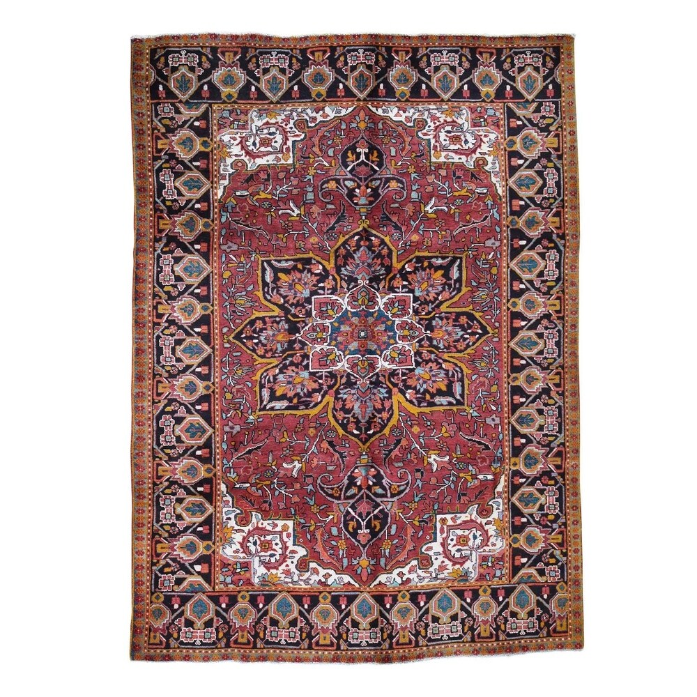 Shahbanu Rugs Red,Vintage Persian Heriz Flower Design Hand-Knotted Oriental Rug (7'6" x 10'7") - 7'6" x 10'7"