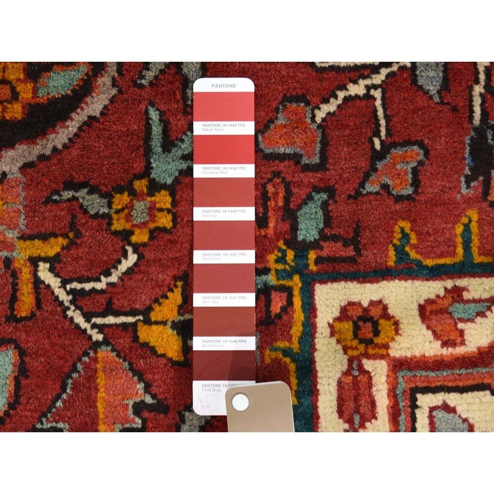 Shahbanu Rugs Red,Vintage Persian Heriz Flower Design Hand-Knotted Oriental Rug (7'6" x 10'7") - 7'6" x 10'7"