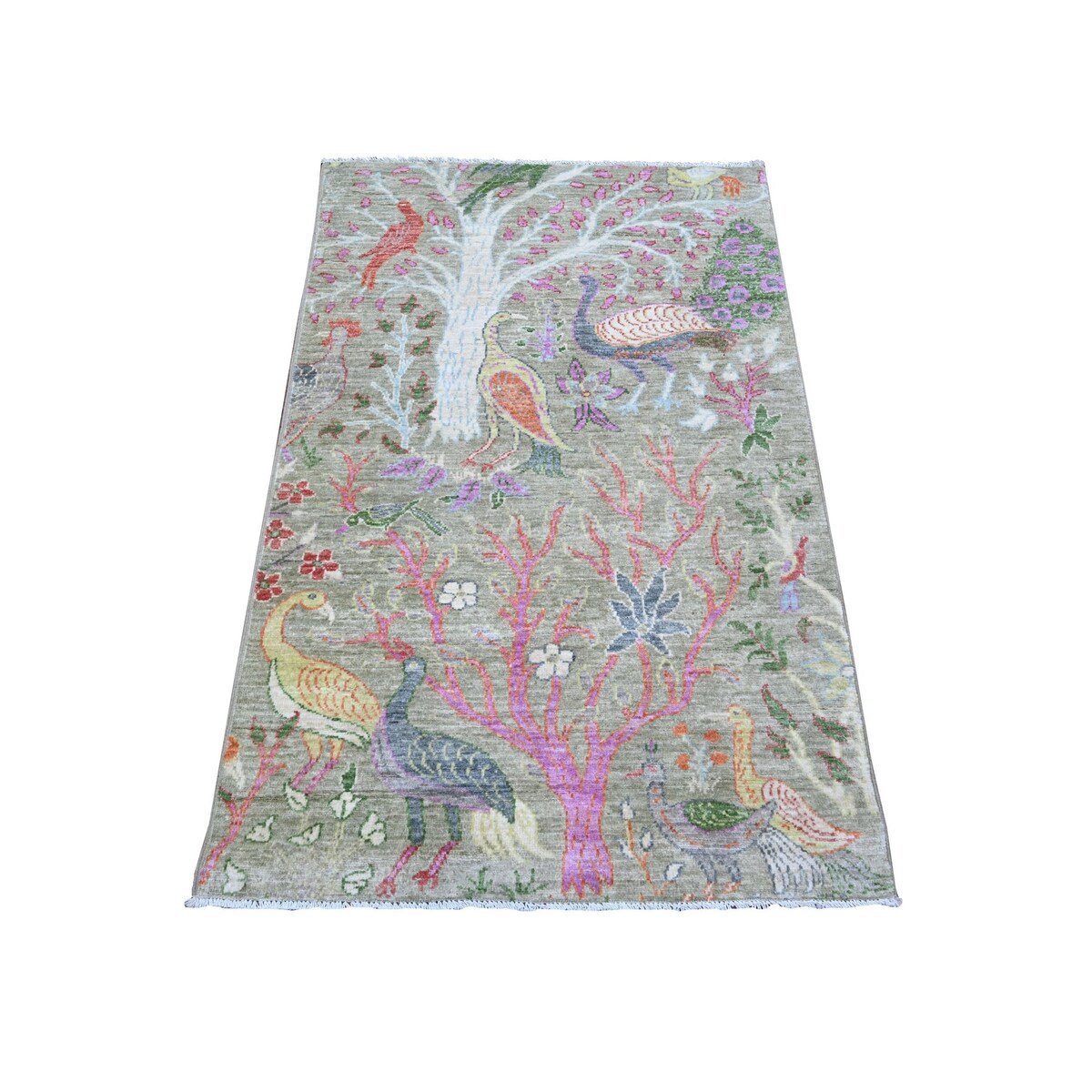 Shahbanu Rugs Reseda Green Afghan Peshawar with Birds of Paradise Design Abrash Natural Wool Hand Knotted Rug (3'1" x 4'10")