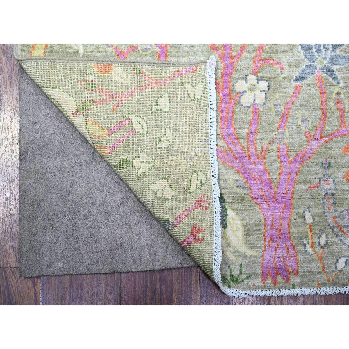 Shahbanu Rugs Reseda Green Afghan Peshawar with Birds of Paradise Design Abrash Natural Wool Hand Knotted Rug (3'1" x 4'10")