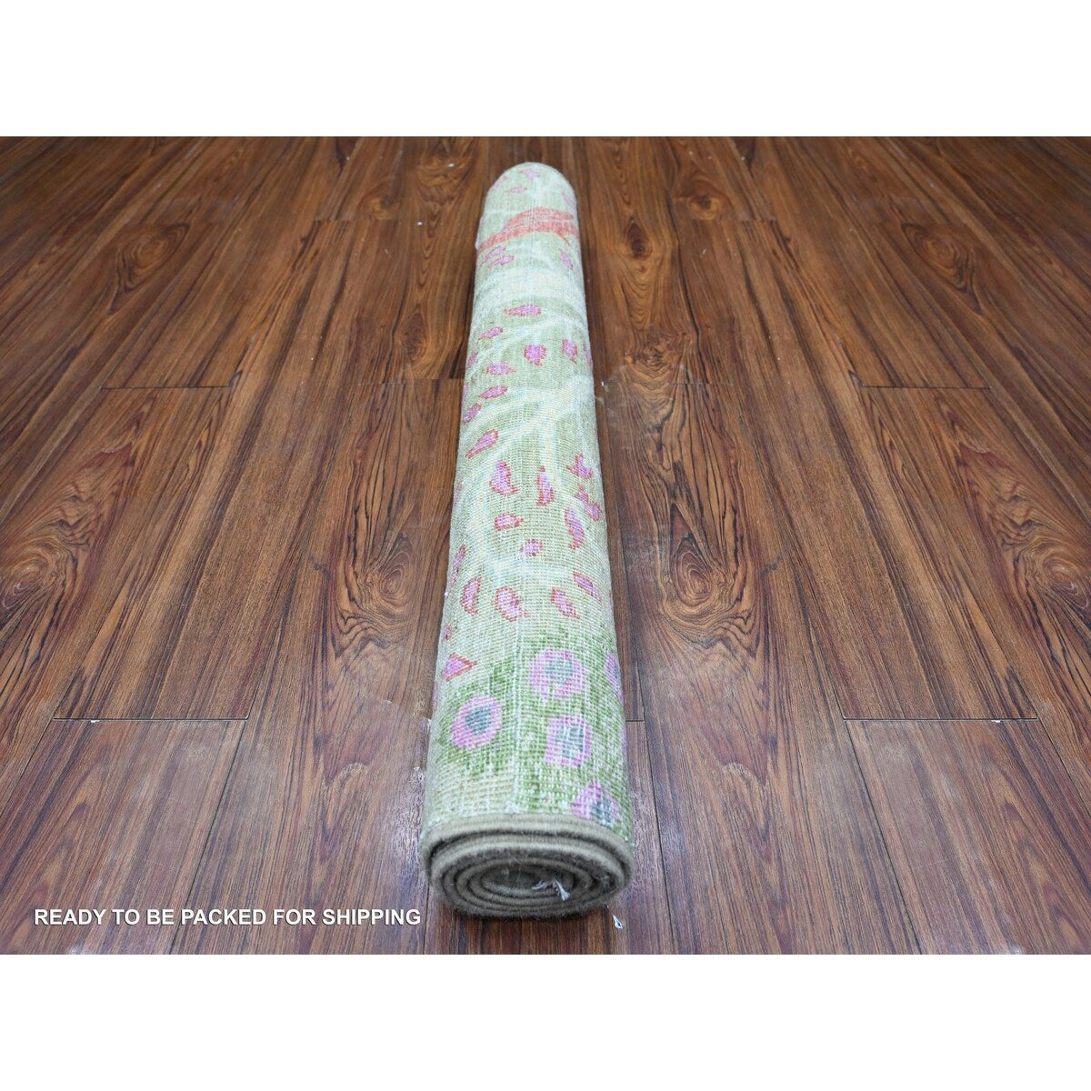 Shahbanu Rugs Reseda Green Afghan Peshawar with Birds of Paradise Design Abrash Natural Wool Hand Knotted Rug (3'1" x 4'10")