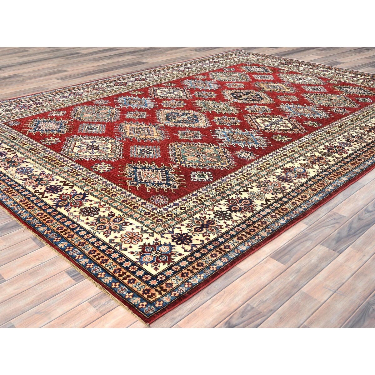 Shahbanu Rugs Rich Red Vegetable Dyes Dense Weave Wool Hand Knotted Afghan Super Kazak with Tribal Medallions Rug (9'0" x 12'4")
