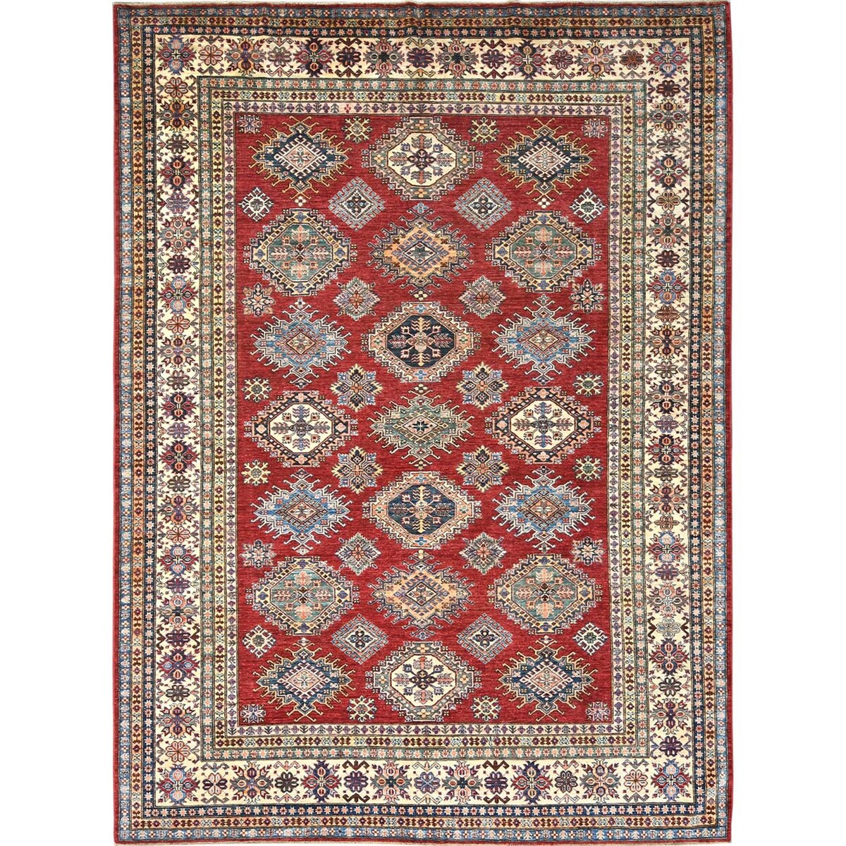 Shahbanu Rugs Rich Red Vegetable Dyes Dense Weave Wool Hand Knotted Afghan Super Kazak with Tribal Medallions Rug (9'0" x 12'4")