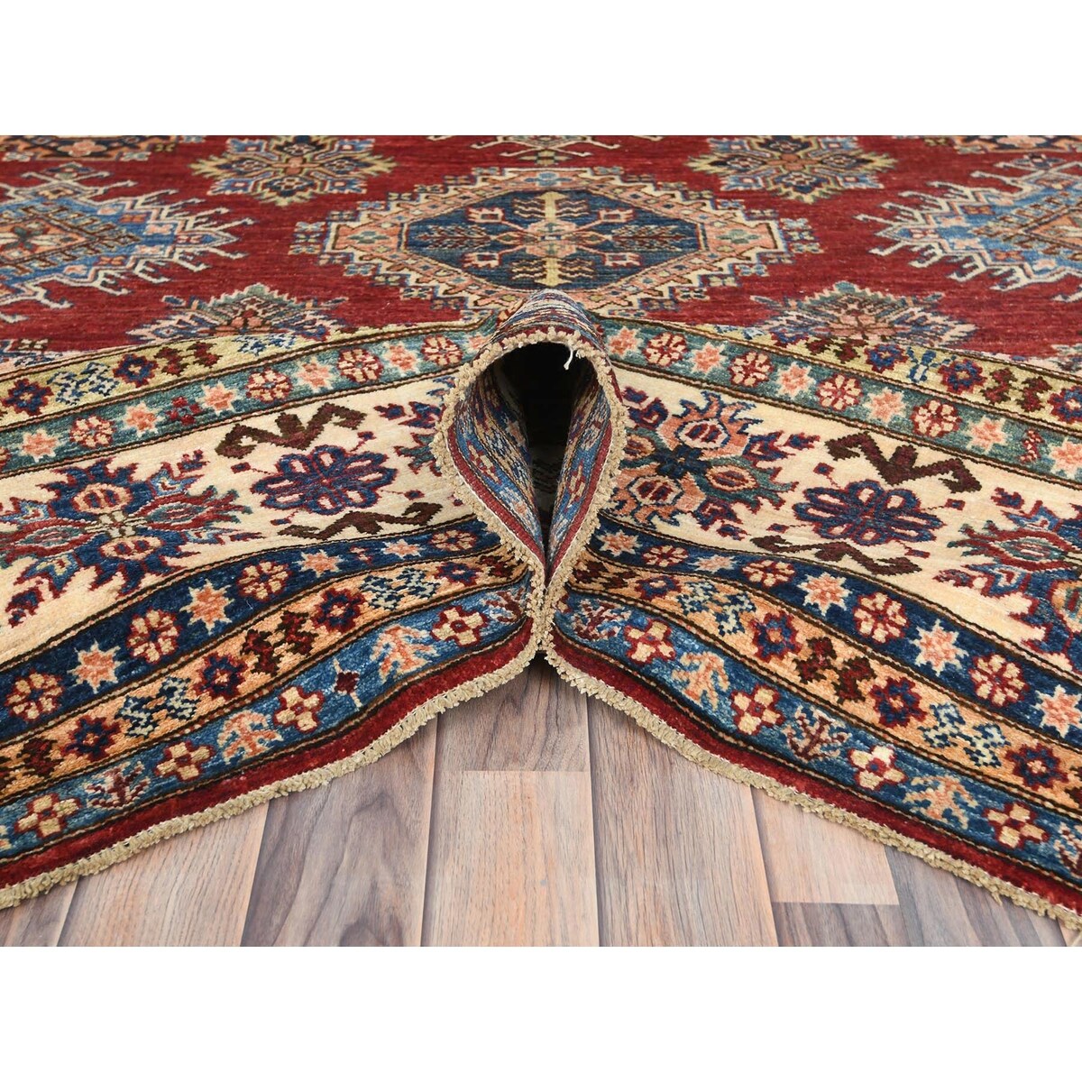 Shahbanu Rugs Rich Red Vegetable Dyes Dense Weave Wool Hand Knotted Afghan Super Kazak with Tribal Medallions Rug (9'0" x 12'4")