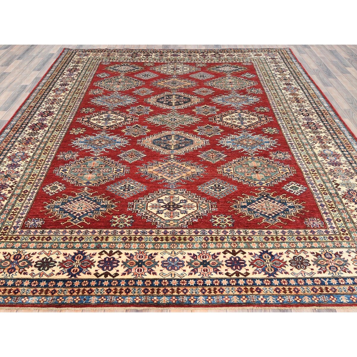 Shahbanu Rugs Rich Red Vegetable Dyes Dense Weave Wool Hand Knotted Afghan Super Kazak with Tribal Medallions Rug (9'0" x 12'4")