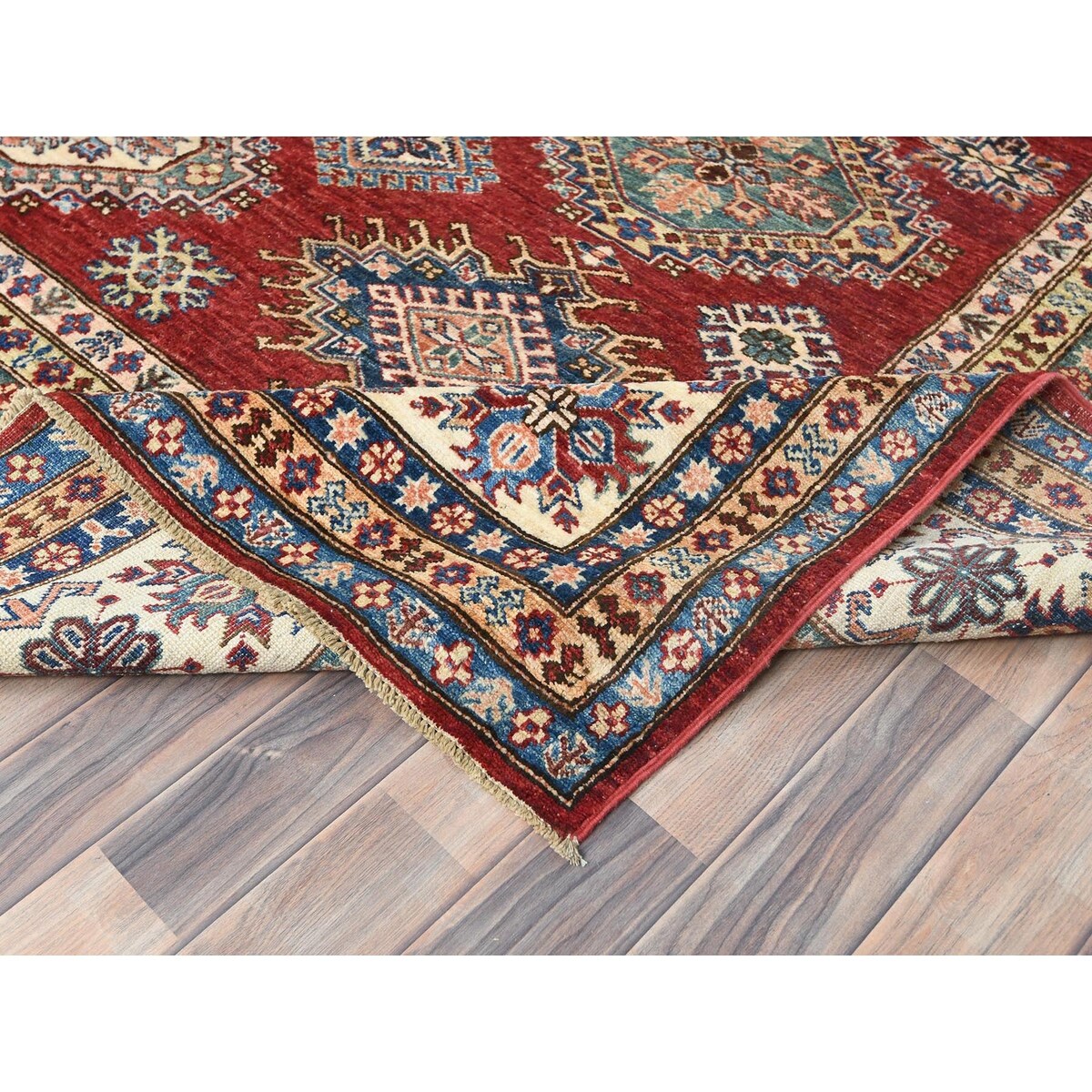 Shahbanu Rugs Rich Red Vegetable Dyes Dense Weave Wool Hand Knotted Afghan Super Kazak with Tribal Medallions Rug (9'0" x 12'4")