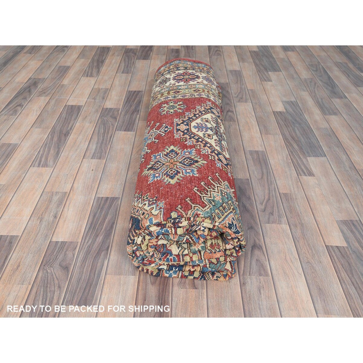Shahbanu Rugs Rich Red Vegetable Dyes Dense Weave Wool Hand Knotted Afghan Super Kazak with Tribal Medallions Rug (9'0" x 12'4")