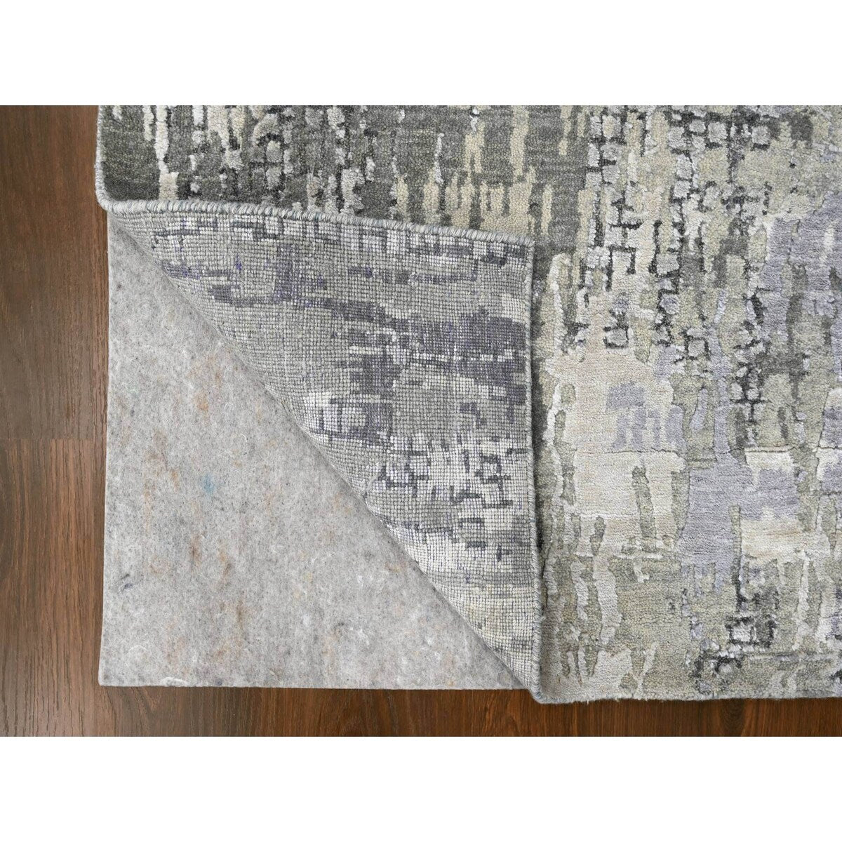 Shahbanu Rugs Rustic Gray Persian Knot Abstract Mosaic Design Wool and Silk Hand Knotted Dense Weave XL Runner Rug (2'9"x19'9")
