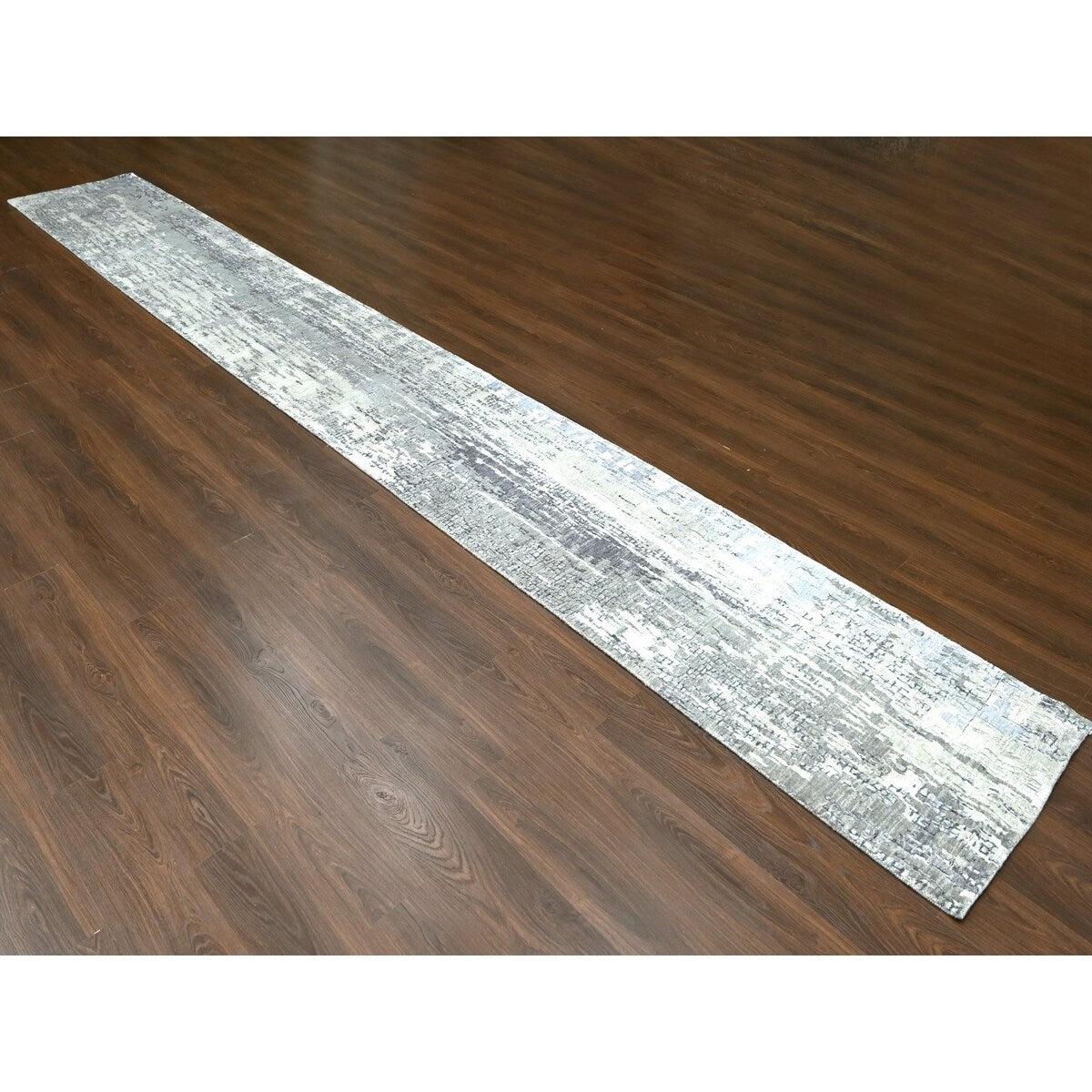 Shahbanu Rugs Rustic Gray Persian Knot Abstract Mosaic Design Wool and Silk Hand Knotted Dense Weave XL Runner Rug (2'9"x19'9")