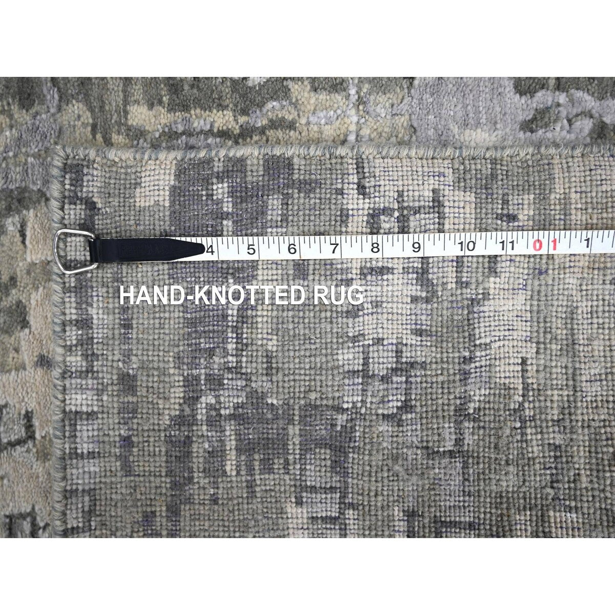Shahbanu Rugs Rustic Gray Persian Knot Abstract Mosaic Design Wool and Silk Hand Knotted Dense Weave XL Runner Rug (2'9"x19'9")
