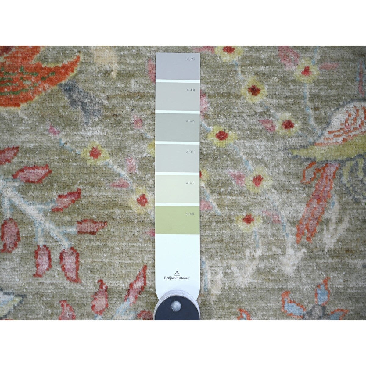 Shahbanu Rugs Sage Green Afghan Wool Hand Knotted Peshawar with Birds of Paradise Design Natural Dyes Square Rug (9'8" x 10'0")