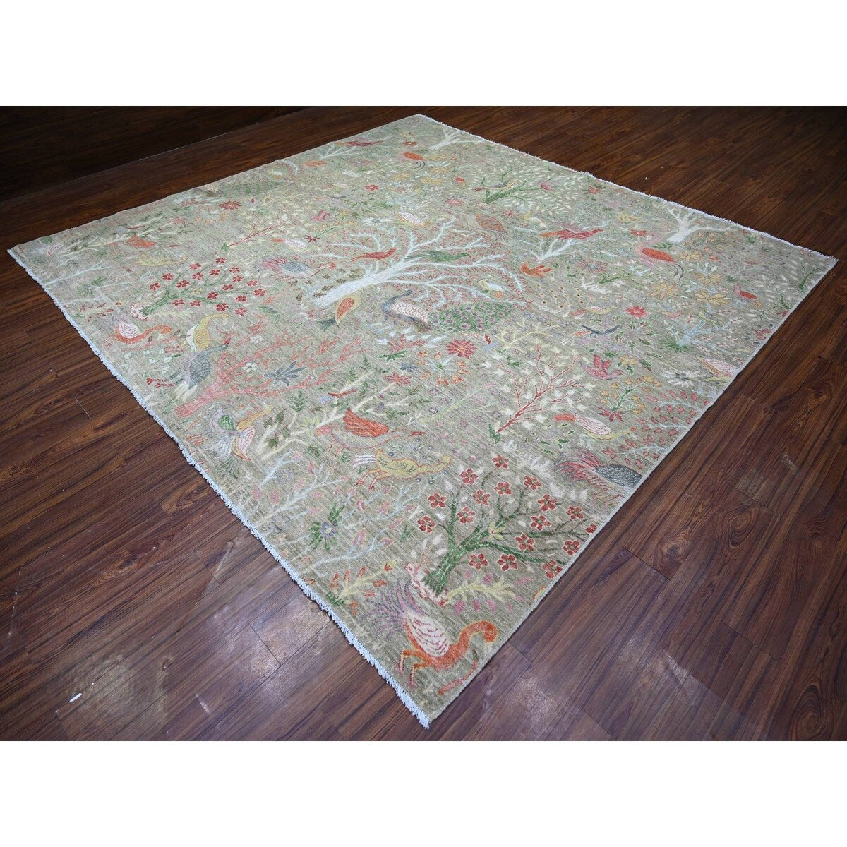 Shahbanu Rugs Sage Green Afghan Wool Hand Knotted Peshawar with Birds of Paradise Design Natural Dyes Square Rug (9'8" x 10'0")