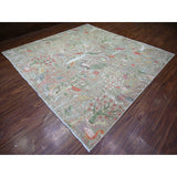 Shahbanu Rugs Sage Green Afghan Wool Hand Knotted Peshawar with Birds of Paradise Design Natural Dyes Square Rug (9'8" x 10'0")