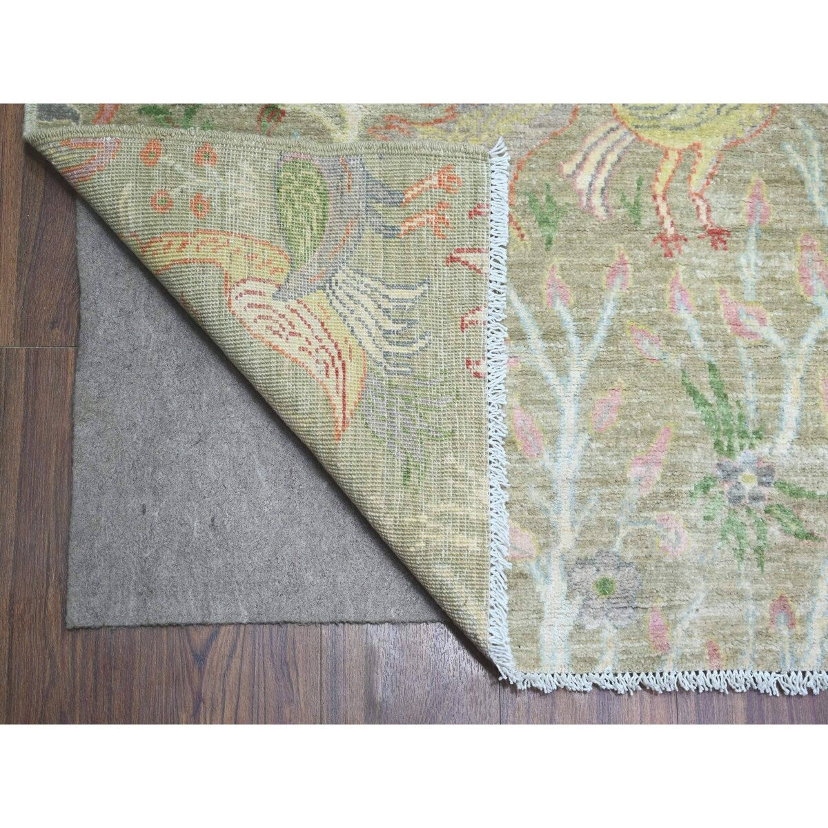 Shahbanu Rugs Sage Green Afghan Wool Hand Knotted Peshawar with Birds of Paradise Design Natural Dyes Square Rug (9'8" x 10'0")