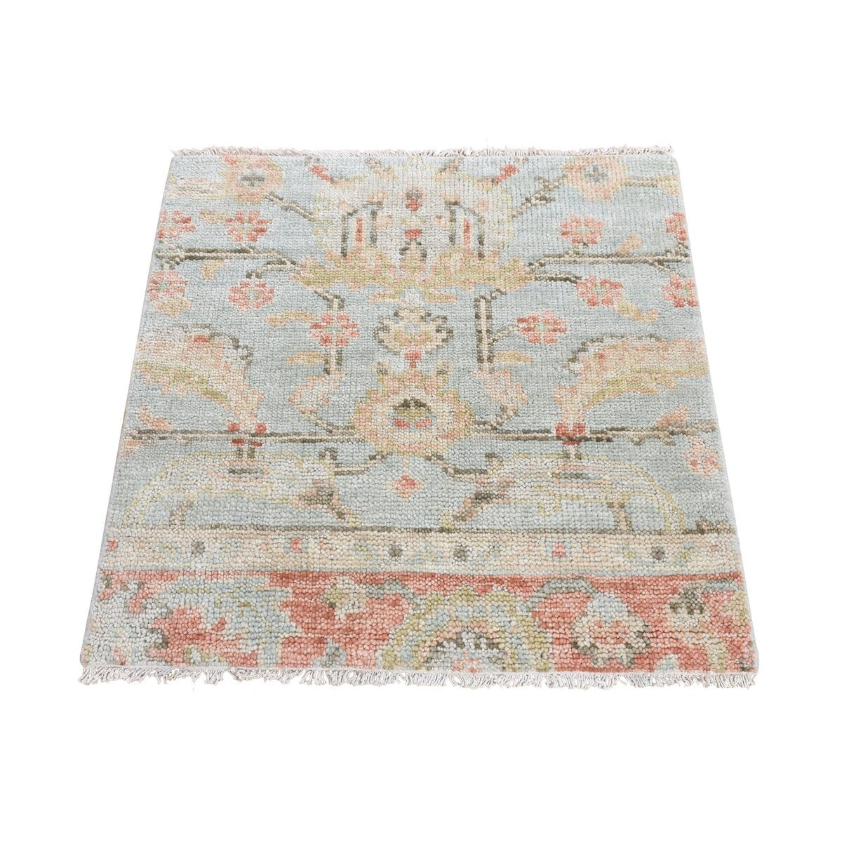 Shahbanu Rugs Sage Green Oushak Design Supple Collection Lush and Plush Pure Wool Hand Knotted Sample Square Rug (3'0" x 3'0")