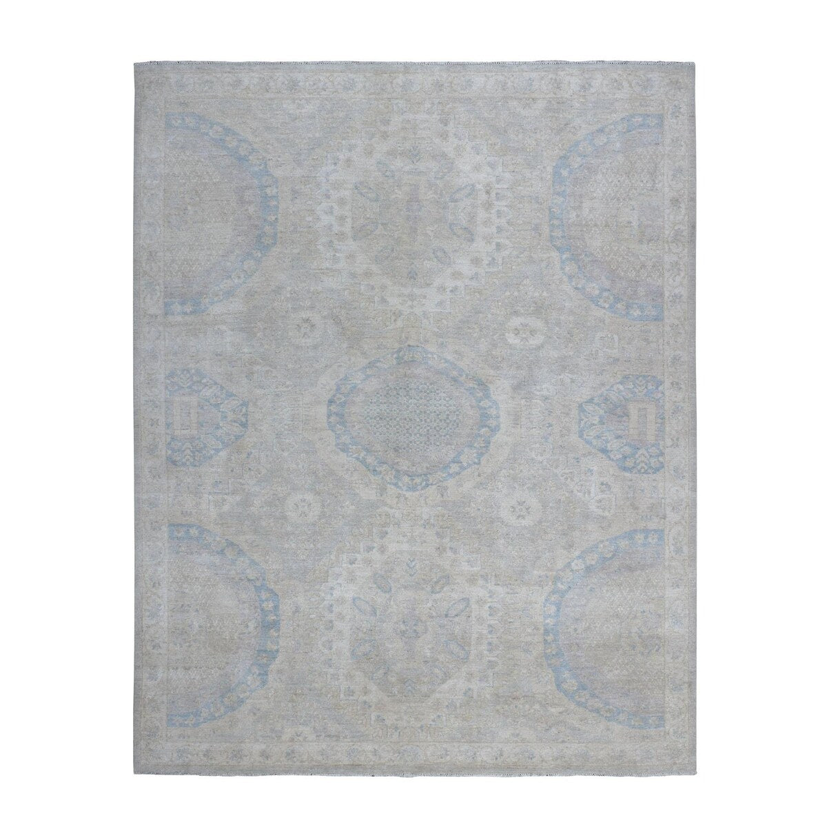 Shahbanu Rugs Silver Wash Peshawar with Khotan Design Pure Wool Hand Knotted Oriental Rug (8'0" x 9'6") - 8'0" x 9'6"