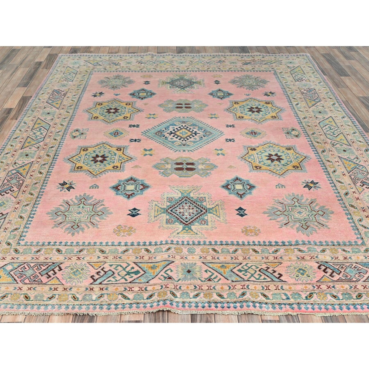 Shahbanu Rugs Soft Pink Pure Wool Special Kazak with Star Medallion Design Natural Dyes Hand Knotted Oriental Rug (8'1" x 9'10")