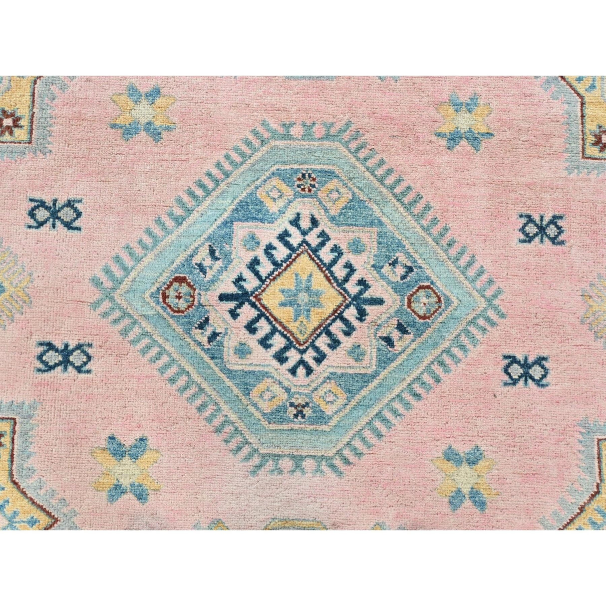 Shahbanu Rugs Soft Pink Pure Wool Special Kazak with Star Medallion Design Natural Dyes Hand Knotted Oriental Rug (8'1" x 9'10")