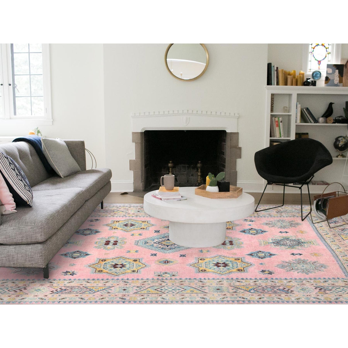 Shahbanu Rugs Soft Pink Pure Wool Special Kazak with Star Medallion Design Natural Dyes Hand Knotted Oriental Rug (8'1" x 9'10")