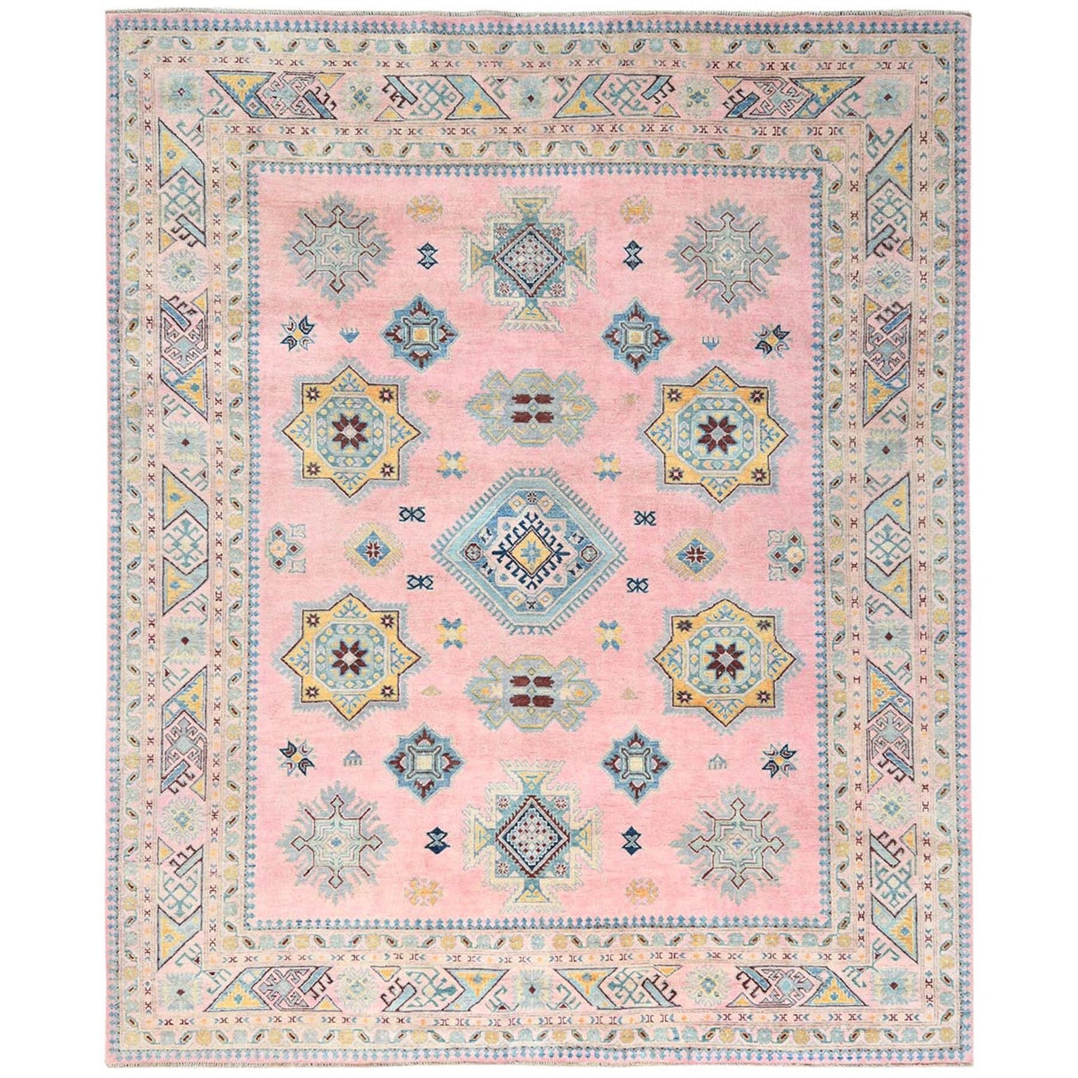 Shahbanu Rugs Soft Pink Pure Wool Special Kazak with Star Medallion Design Natural Dyes Hand Knotted Oriental Rug (8'1" x 9'10")