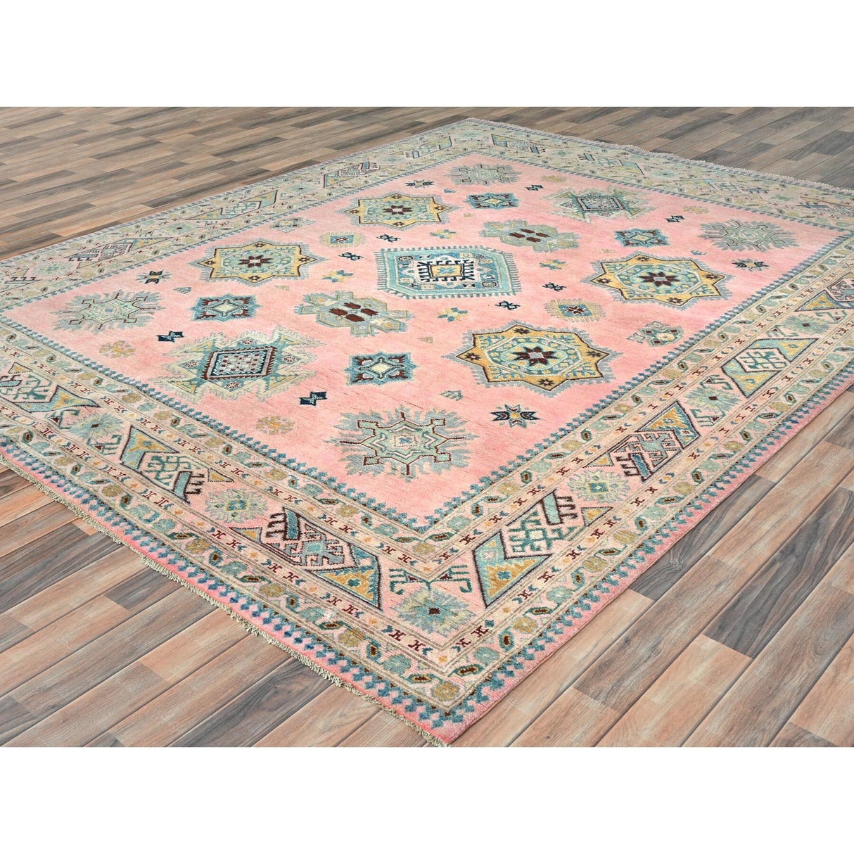 Shahbanu Rugs Soft Pink Pure Wool Special Kazak with Star Medallion Design Natural Dyes Hand Knotted Oriental Rug (8'1" x 9'10")