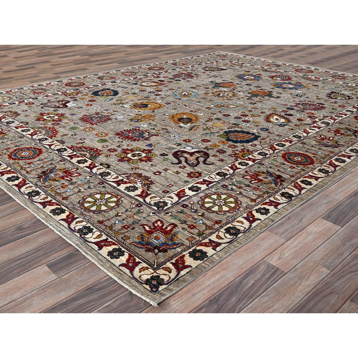 Shahbanu Rugs Spanish Gray Afghan Sultani All Over Floral Pattern Hand Knotted Pure Wool Vegetable Dyes Oriental Rug 8'10"x11'7