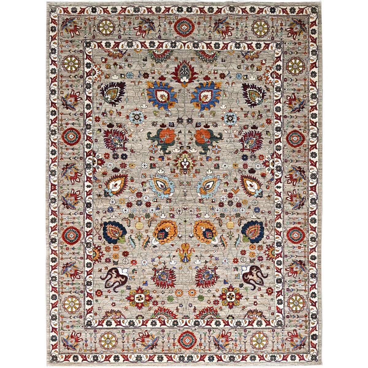 Shahbanu Rugs Spanish Gray Afghan Sultani All Over Floral Pattern Hand Knotted Pure Wool Vegetable Dyes Oriental Rug 8'10"x11'7