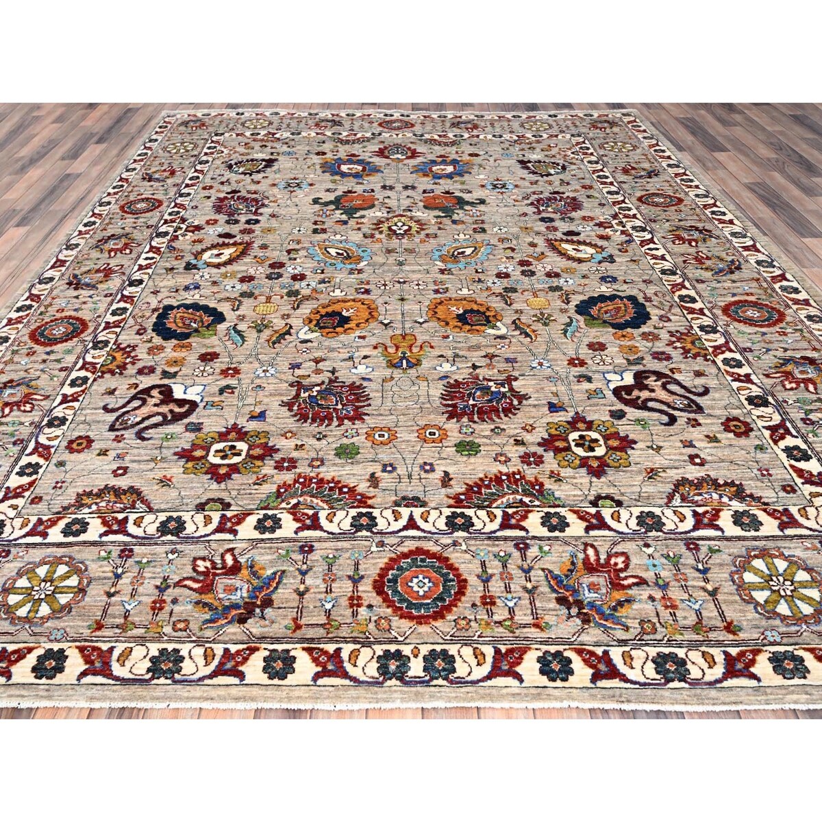 Shahbanu Rugs Spanish Gray Afghan Sultani All Over Floral Pattern Hand Knotted Pure Wool Vegetable Dyes Oriental Rug 8'10"x11'7