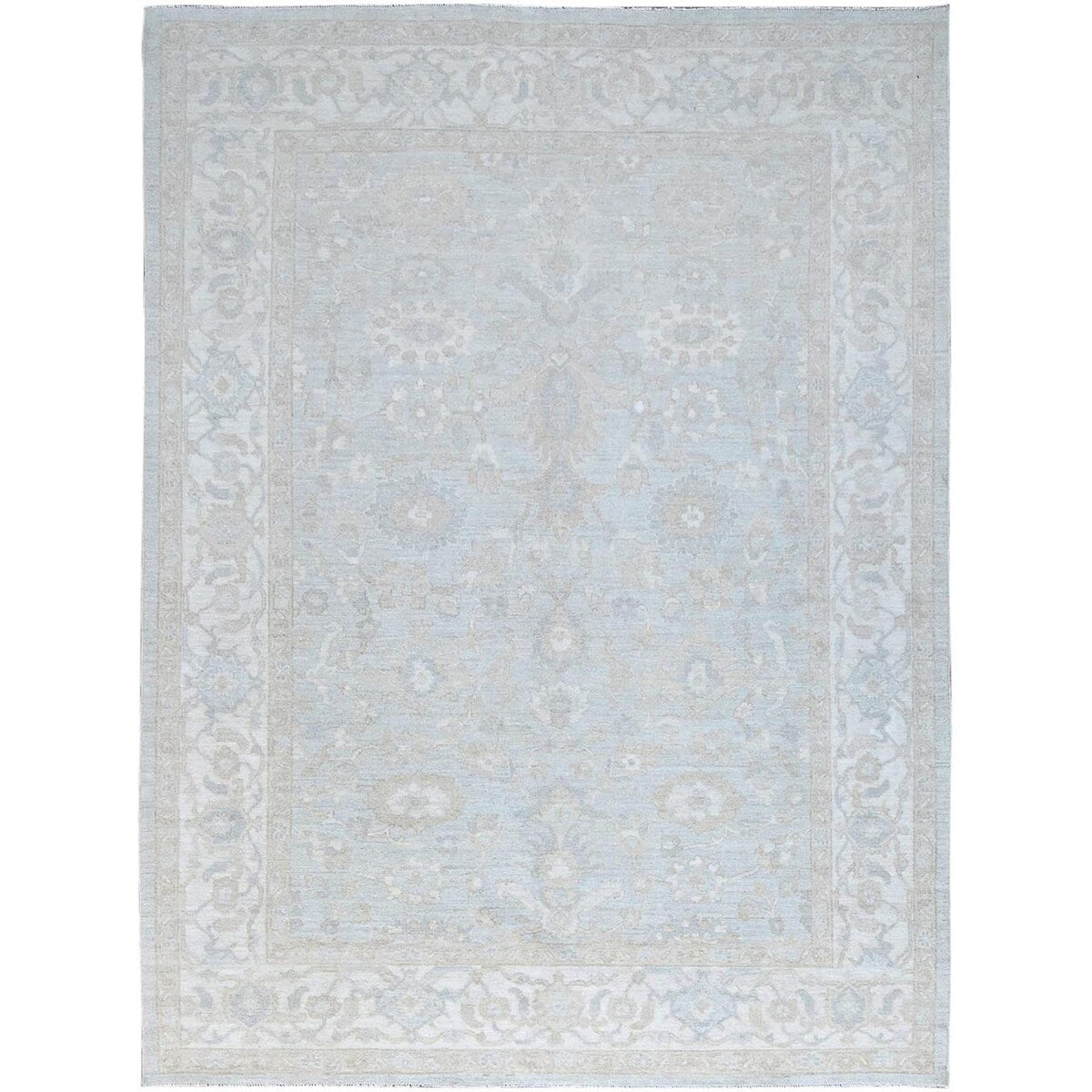 Shahbanu Rugs Sterling Gray Extra Soft Wool White Wash Peshawar Hand Knotted Geometric Design Oriental Rug 9'1"x12' - 9'1" x 12'